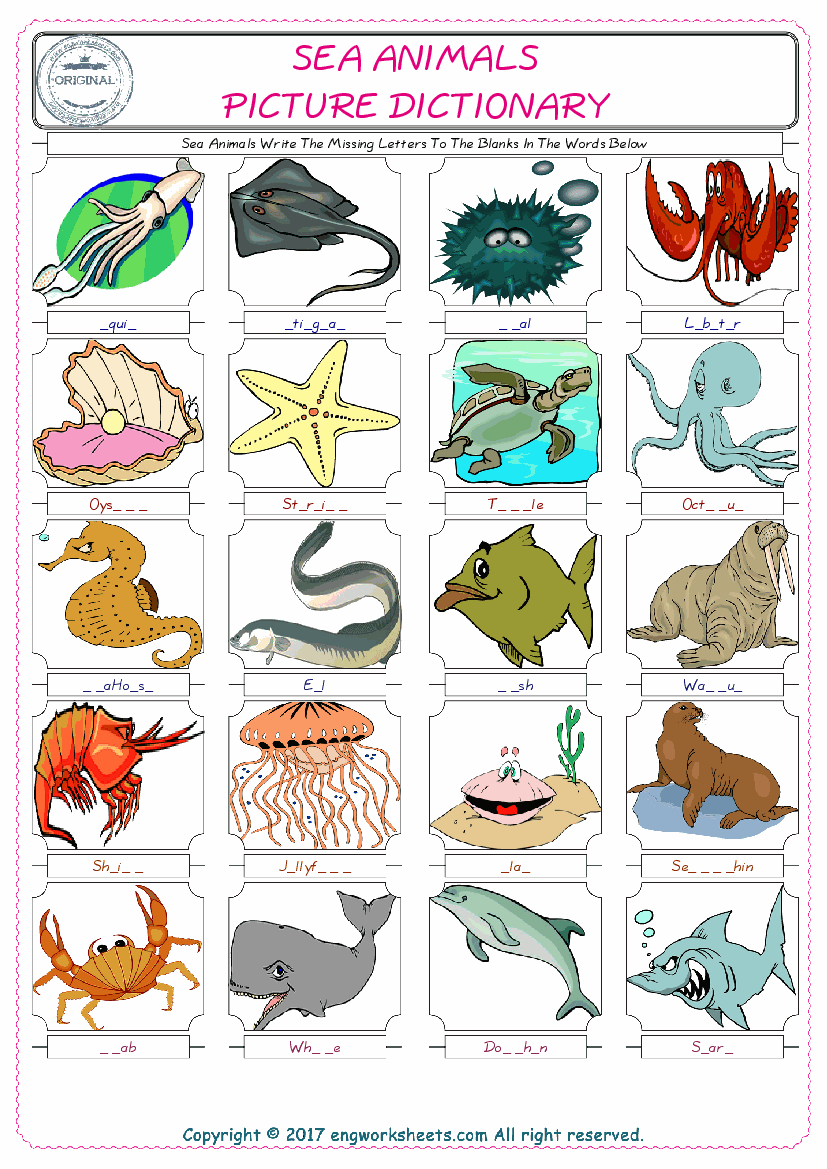  Sea Animals Words English worksheets For kids, the ESL Worksheet for finding and typing the missing letters of Sea Animals Words 